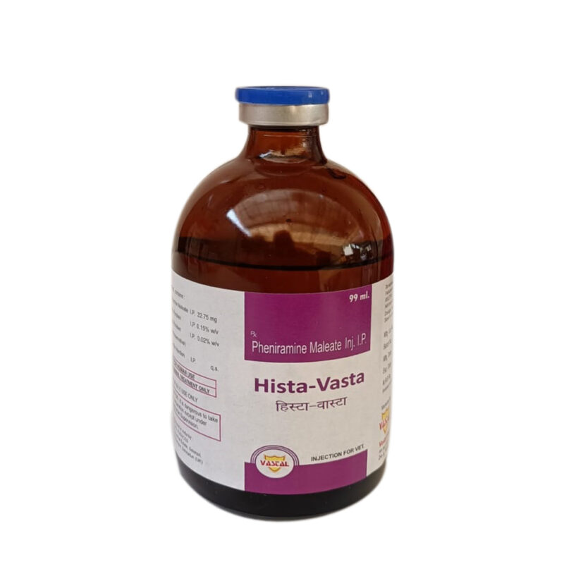 Hista-Vasta anaphylactic shock bloat in ruminants due to histamine atony of the rumen and in the treatment of acute septic metritis in cows in conjunction with anti-bacterial For the Control allergies laminitis